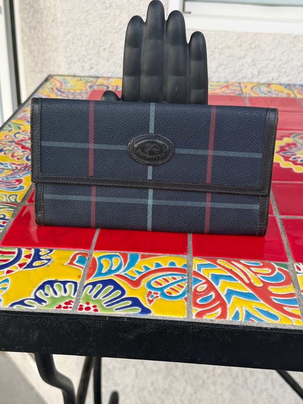 Burberrys vintage Navy Plaid Continental Wallet with Red and Light Blue Stripes